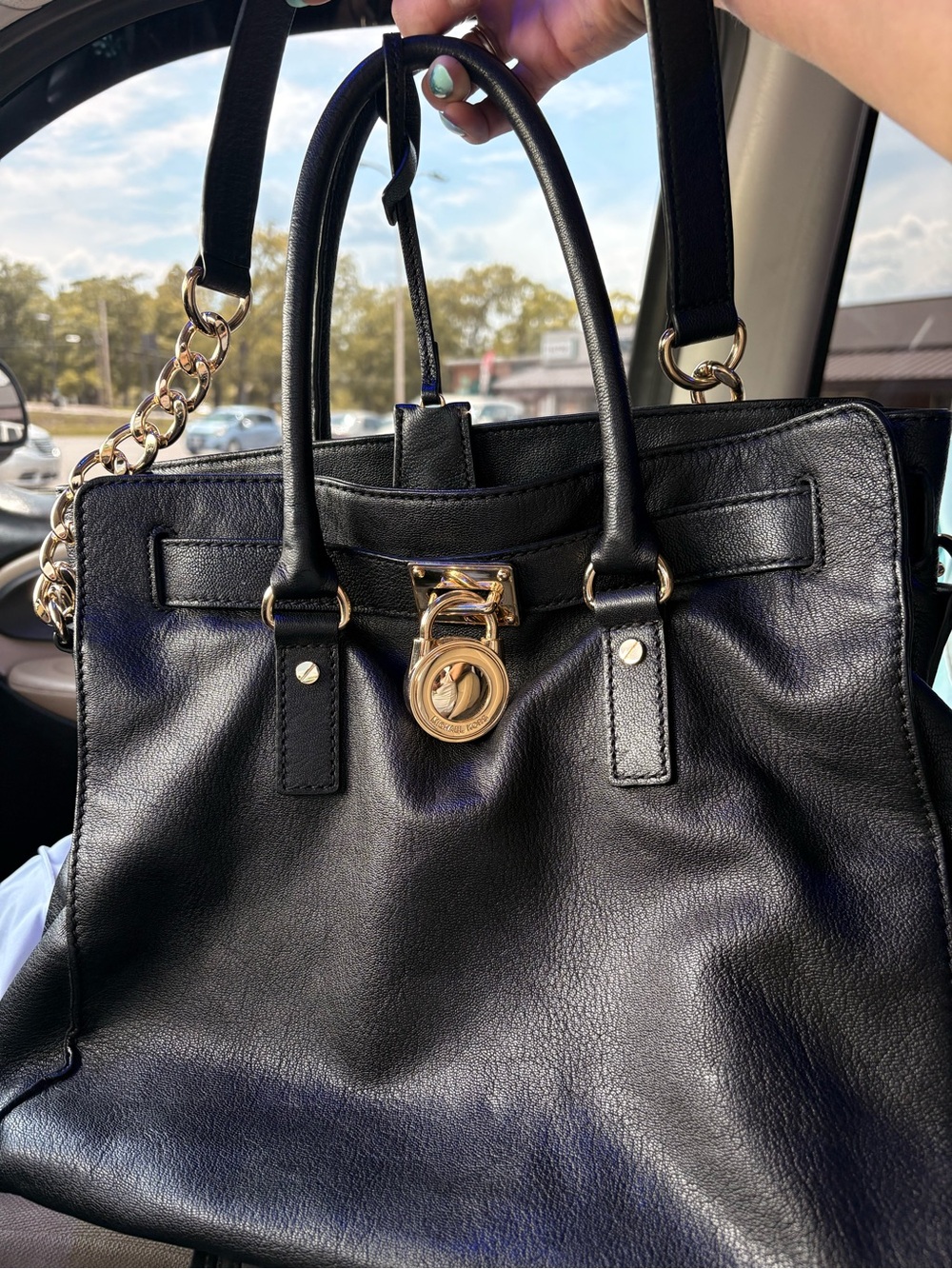 Michael Kors Black Leather Tote with Gold Lock Accent